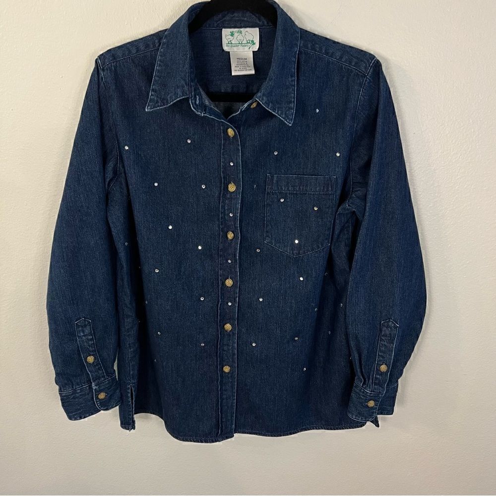 QUACKER FACTORY Womens Medium Blue Denim SEQUIN Blouse Shirt Button Front L/S